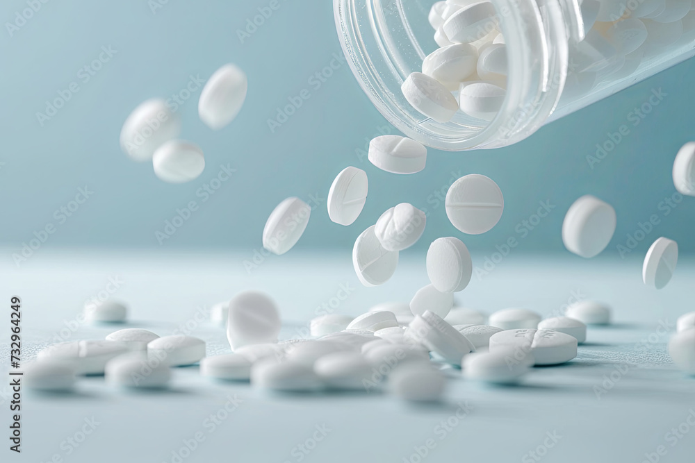 White pills or tablets falling into a clear pill bottle - obrazy, fototapety, plakaty 