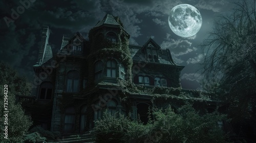 A hauntingly beautiful gothic mansion sits in eerie silence, with the bright full moon casting an otherworldly glow over the ominous structure. Resplendent. © Summit Art Creations