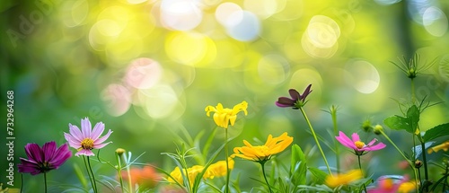 spring background with flowers in the grass and natural bokeh, copy space ready