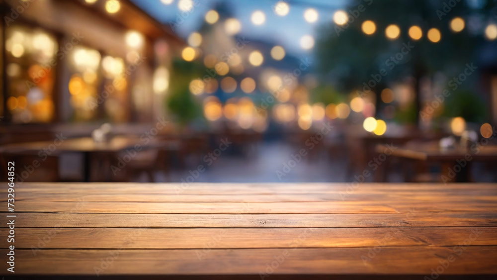 wood table on blur of cafe, coffee shop, bar, background