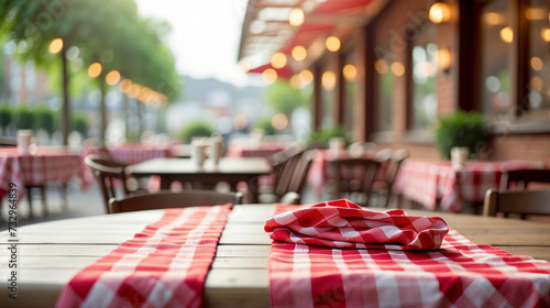 An empty wooden table covered with a red and white checkered tablecloth