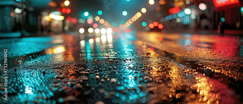 a view of a wet street at night with lights