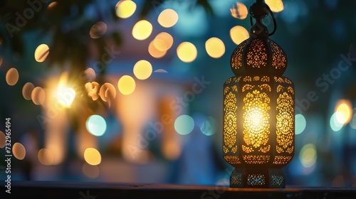 Eid Al Fitr and Adha enveloped in the soft and soothing glow of an intricately designed Islamic lantern.