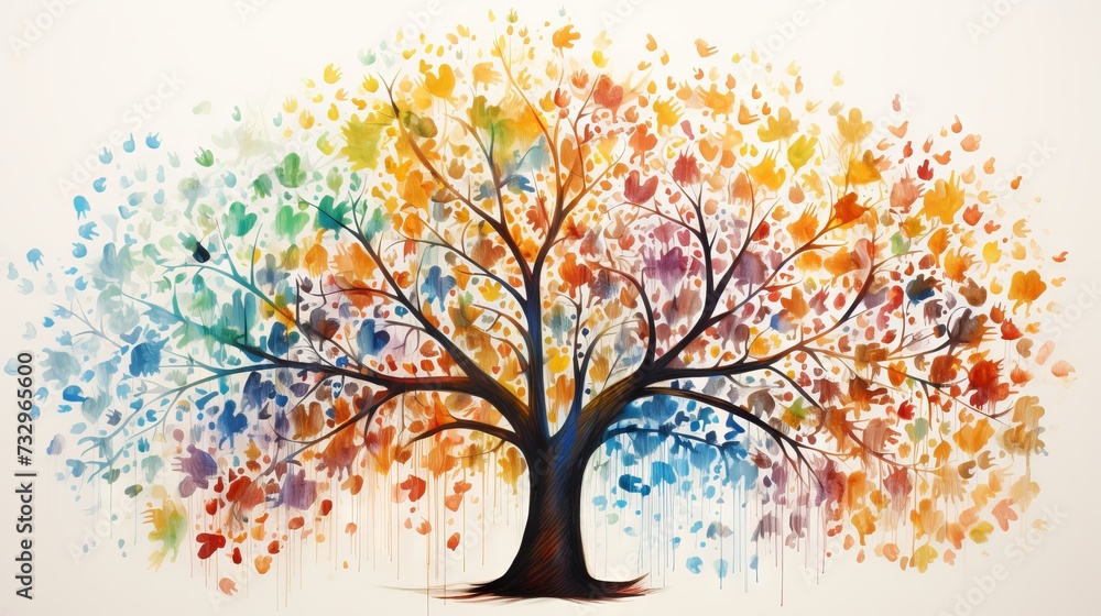 Fototapeta premium Finger prints forming a colorful tree to symbolize diversity and unity