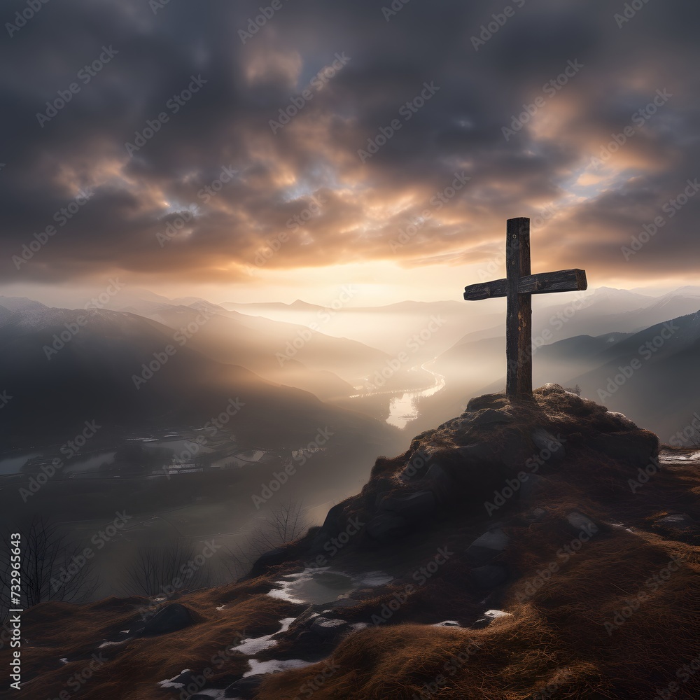 cross in the mountains during a misty winter sunrise cross in the mountains during a misty winter sunrise