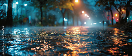 a wet street with lights on at night