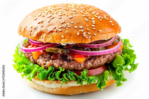 Classic Burger With Beef Cutlet Vegetables Onions Isolated White Background