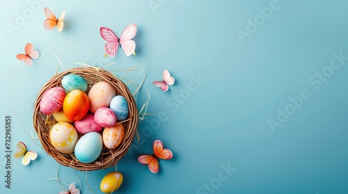 Vibrant Flat Lay Photo of Colorful Easter Eggs Arranged in a Basket Festive Spring Celebration