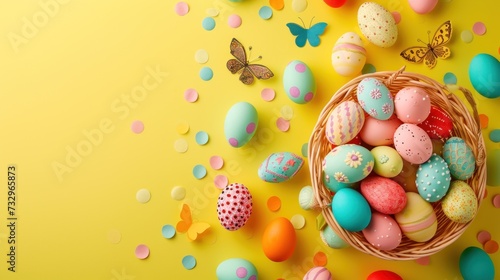 Vibrant Flat Lay Photo of Colorful Easter Eggs Arranged in a Basket Festive Spring Celebration