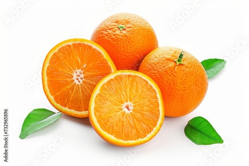 A Natural Orange Fruit  Expertly Cut in Half and Accented with Green Leaves  Stands Beautifully Isolated on a Clean White Background