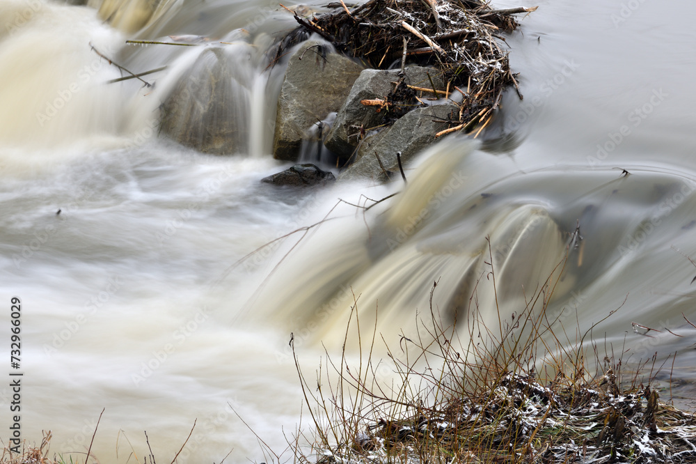 Long exposure of milky blurred view of flowing river in autumn