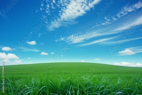 A Sweeping Landscape View Presents a Verdant Slope Blanketed in Vibrant Green Grass  Harmonizing with a Tranquil Blue Sky and Wispy Clouds
