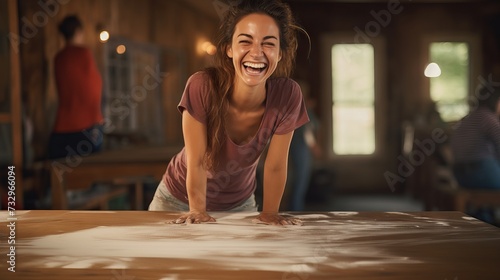Happy smiling woman sanding old wooden table with sponge for furniture renovation and home improvement project