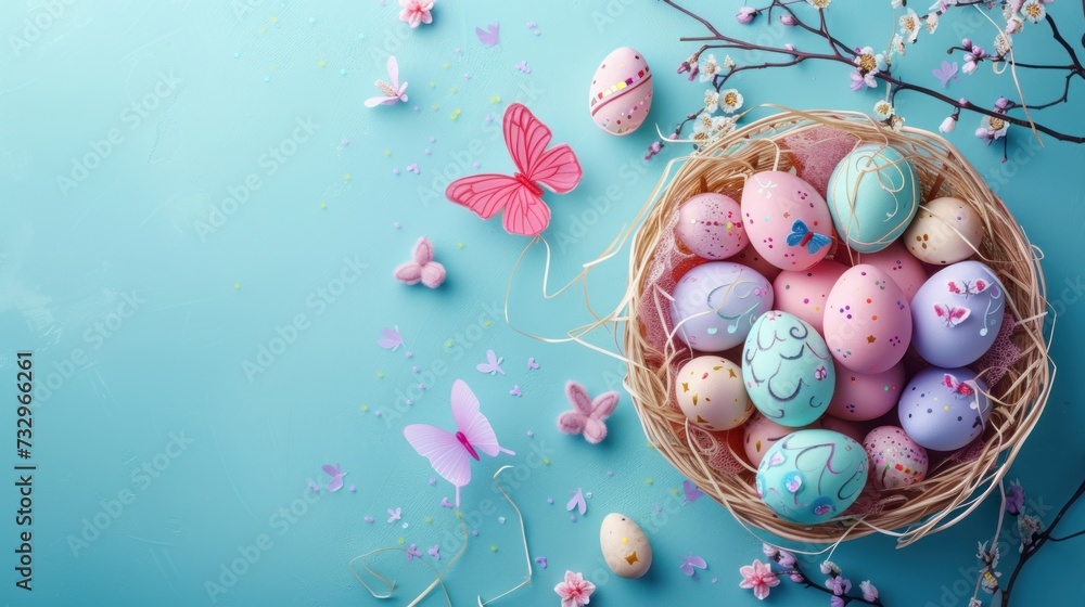 Creative Flat Lay Photo of Artfully Arranged Easter Eggs in a Basket Festive Spring Celebration