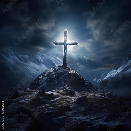 cross in the winter mountains under a starry night sky