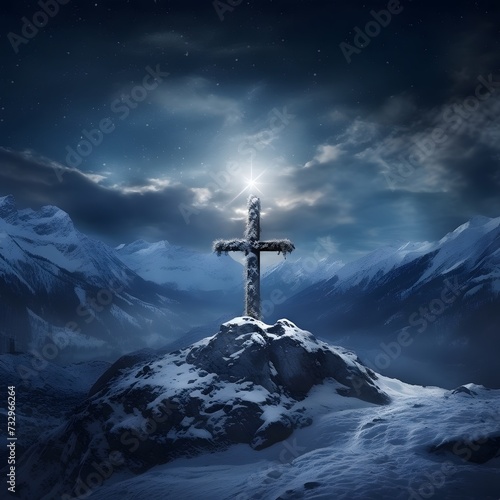 cross in the winter mountains under a starry night sky
