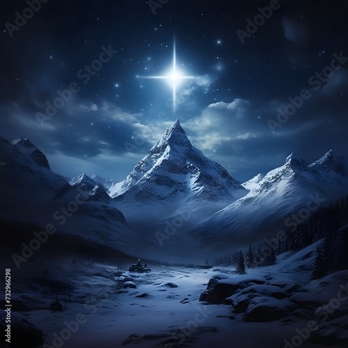 cross in the winter mountains under a starry night sky © wizXart