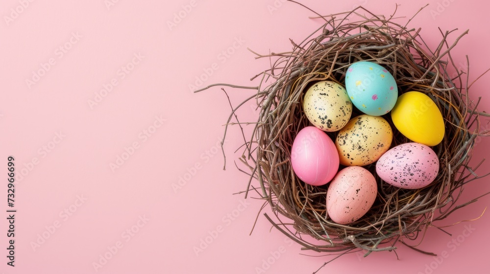 Colorful Easter Nest Flat Lay Vibrant Eggs Nestled in a Whimsical Nest on a Pastel Pink Background Colorful Easter Nest Flat Lay Vibrant Eggs Nestled in a Whimsical Nest on a Pastel Pink Background