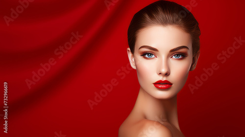 Portrait of a beautiful  elegant  sexy Caucasian woman with perfect skin  on a red background  banner.