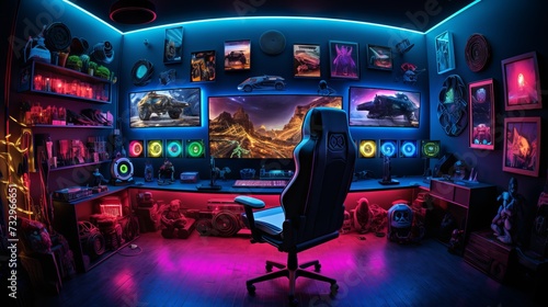 Gaming room with RGB lighting, gaming chair, keyboard, mouse, and headset