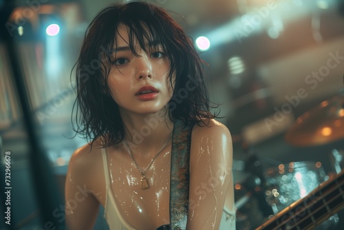 Japanese Influencer, Showcases Guitar Skills in White Tank Top, Beneath Glowing Blue Waters