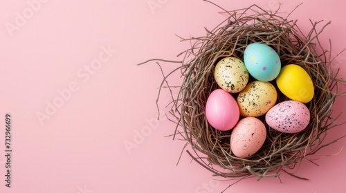 Colorful Easter Nest Flat Lay Vibrant Eggs Nestled in a Whimsical Nest on a Pastel Pink Background