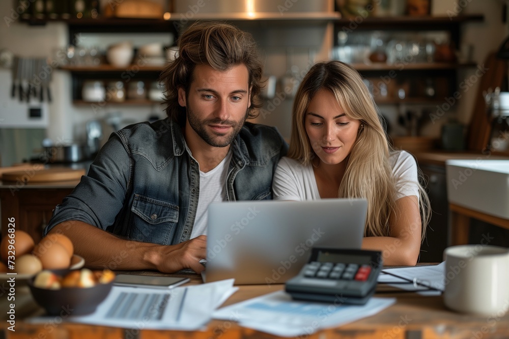 Caucasian Couple Smiling While Reviewing Laptop Screen at Kitchen Table with Documents and Calculator Caucasian Couple Smiling While Reviewing Laptop Screen at Kitchen Table with Documents and Calculator