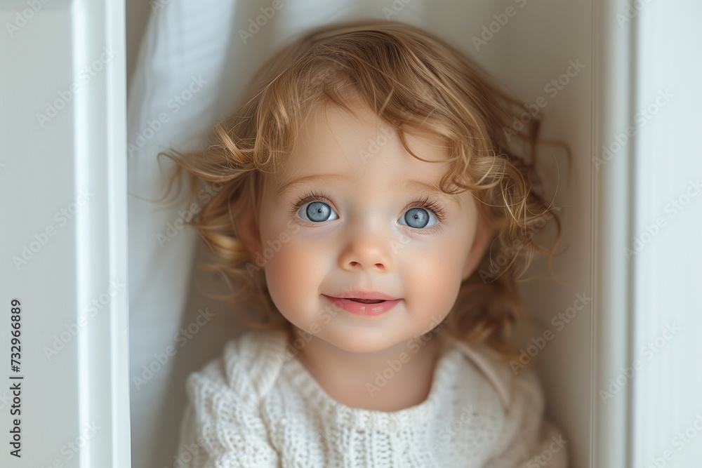Adorable Baby Girl Smiling and Peeking from Behind White Blank Wall Background Adorable Baby Girl Smiling and Peeking from Behind White Blank Wall Background