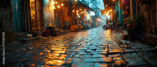 a cobblestone street with a motorcycle parked on the side © Masum