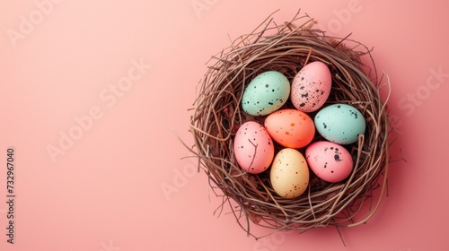 Pastel Easter Nest Flat Lay Colorful Eggs Nestled in a Charming Nest on a Delicate Pink Background