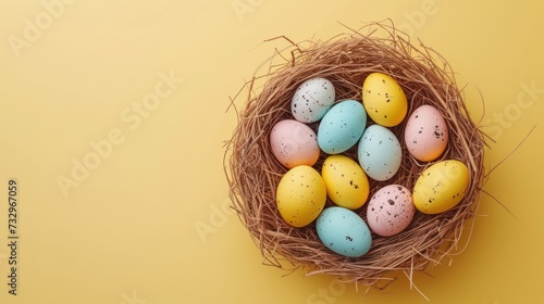 Colorful Easter Nest Flat Lay Festive Eggs Nestled in a Whimsical Nest on a Soft Yellow Background