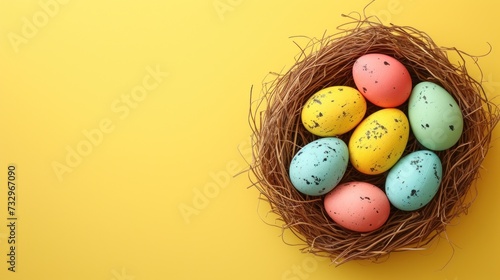 Colorful Easter Nest Flat Lay Festive Eggs Nestled in a Whimsical Nest on a Soft Yellow Background