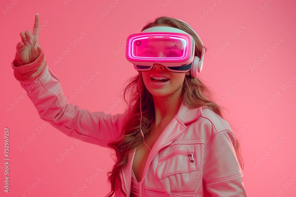 Young Casual Woman Excitedly Engages with VR Glasses, Exploring Invisible Worlds on Solid Background Young Casual Woman Excitedly Engages with VR Glasses, Exploring Invisible Worlds on Solid Background