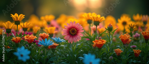 brightly colored flowers in a field with the sun shining through the trees