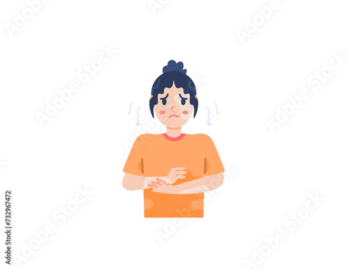 A woman feels insecure because her skin has burn marks. lack of confidence and shyness. feeling uneasy and anxious. problems on the skin. character illustration design. graphic elements. Vector