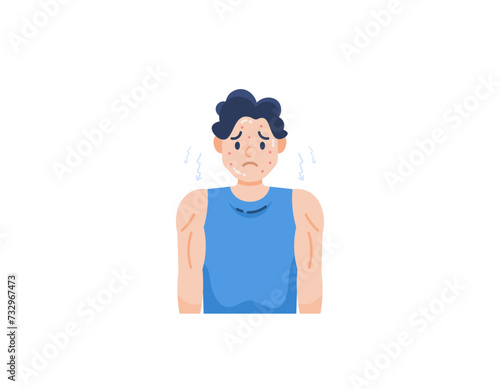 A man feels insecure because his face is full of acne. lack of confidence and shyness. feeling uneasy and anxious. skin problems. character illustration design. graphic elements. Vector