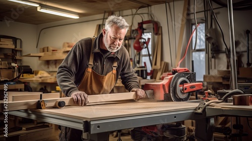 Mature male carpenter working on wooden furniture in his workshop