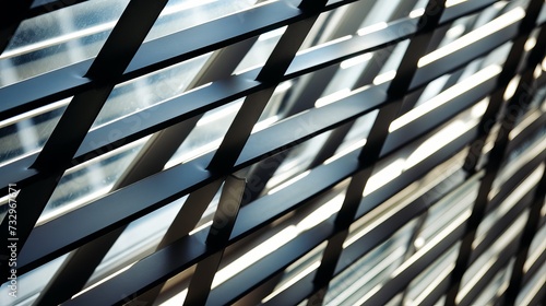 Close-up of modern office window blinds with geometric patterns and sunlight
