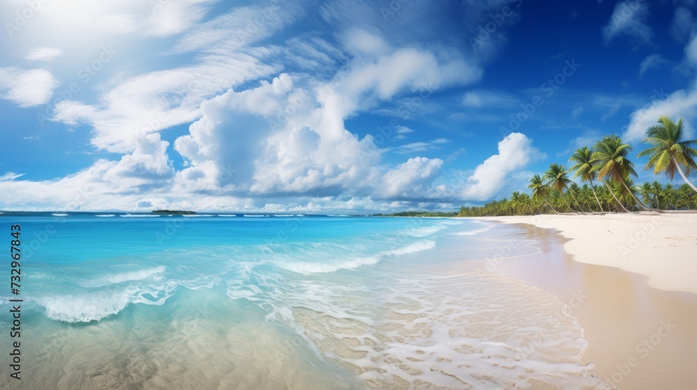 tropical beach panorama, seascape with a wide horizon, showcasing the beautiful expanse of the sky meeting the sea. 
