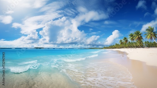 tropical beach panorama, seascape with a wide horizon, showcasing the beautiful expanse of the sky meeting the sea. 