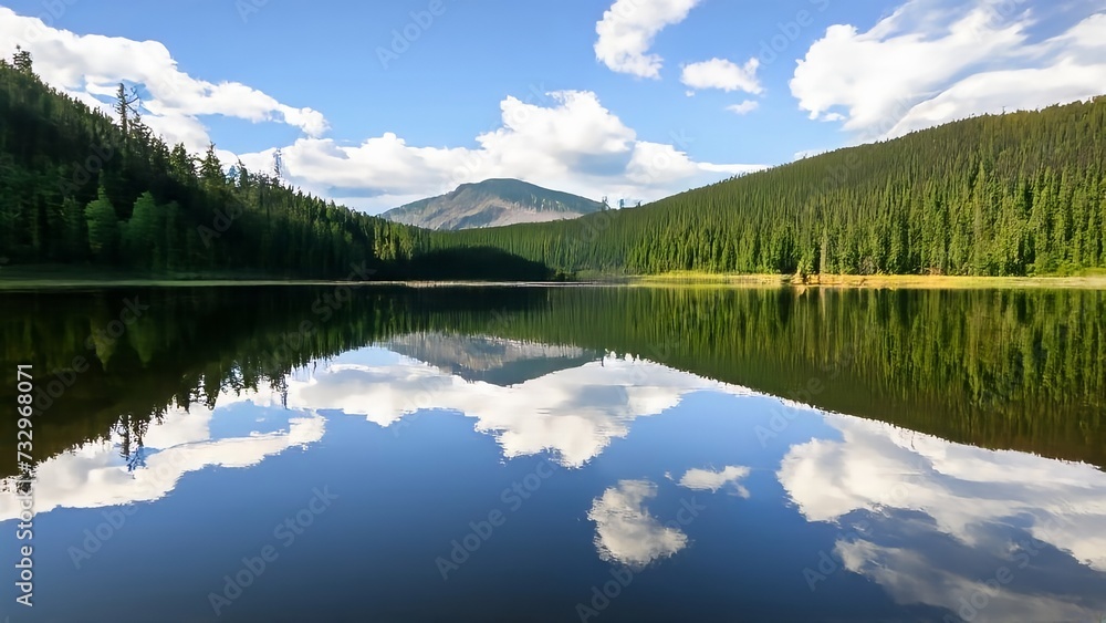 View of the lake and green plants near the mountain in the morning View of the lake and green plants near the mountain in the morning