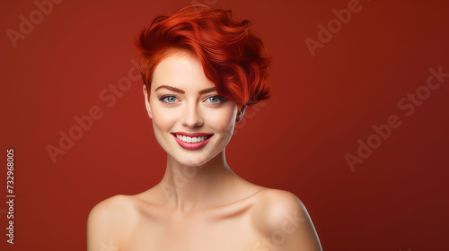 Portrait of an elegant, sexy smiling woman with perfect skin and short red hair, on a red background, banner.