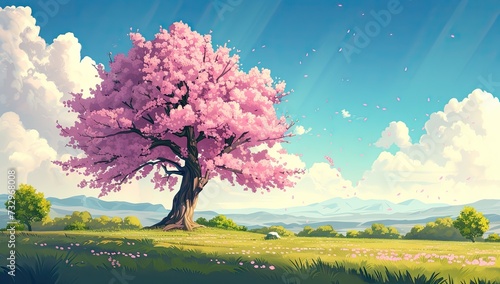 Cherry blossom sakura tree standing gracefully in lush meadow with expansive sky stretching overhead idyllic scene reminiscent of watercolor painting of spring and beauty of nature in full bloom