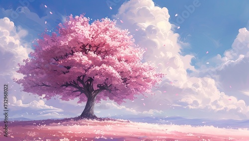 Cherry blossom sakura tree standing gracefully in lush meadow with expansive sky stretching overhead idyllic scene reminiscent of watercolor painting of spring and beauty of nature in full bloom © Bussakon