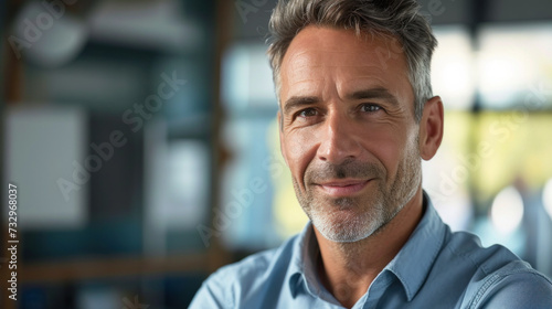 Confident businessman portrait in modern office setting. Professional occupation.