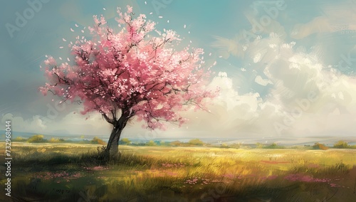 Cherry blossom sakura tree standing gracefully in lush meadow with expansive sky stretching overhead idyllic scene reminiscent of watercolor painting of spring and beauty of nature in full bloom