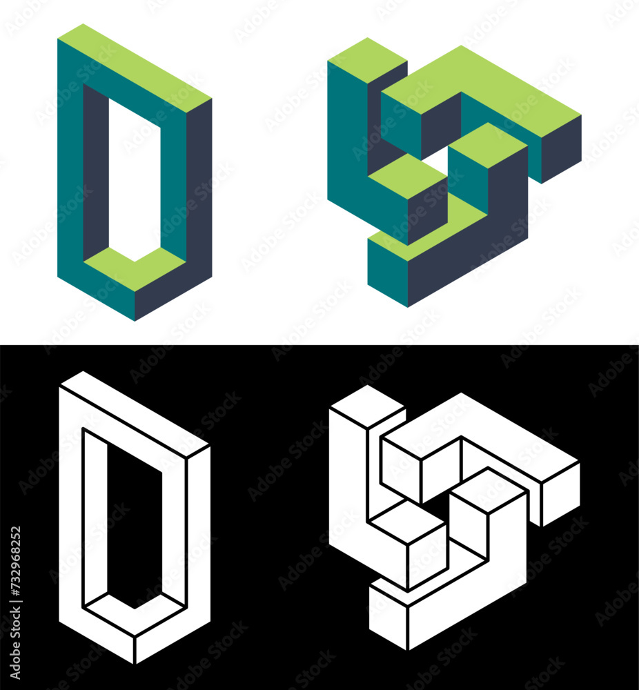 Impossible designs. Optical illusion isolated on white and black background. Designing elements. Vector illustration.