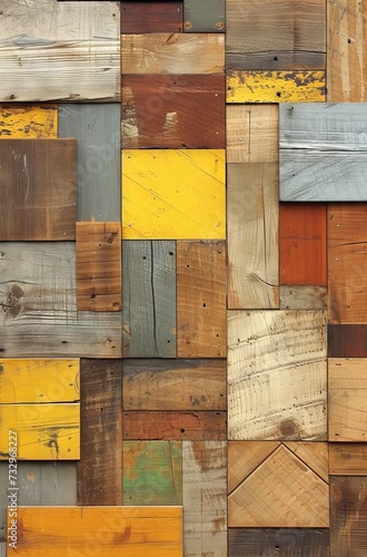 wooden surface samples arranged on the wall with brown, blue and yellow color
