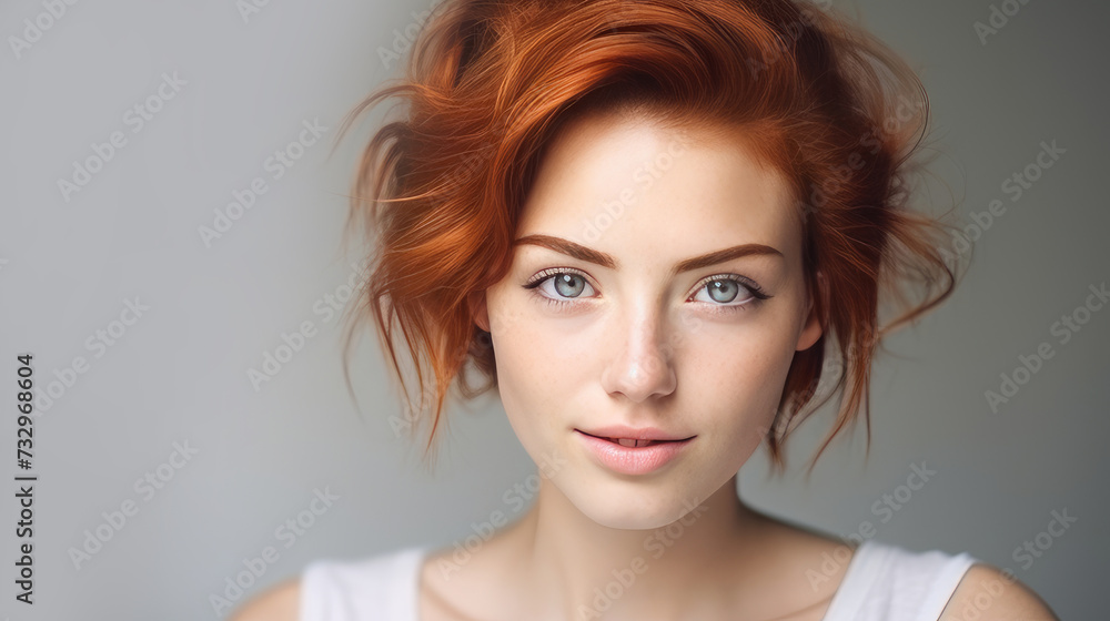 Portrait of an elegant, sexy smiling woman with perfect skin and short red hair, on a gray background, banner. Portrait of an elegant, sexy smiling woman with perfect skin and short red hair, on a gray background, banner.