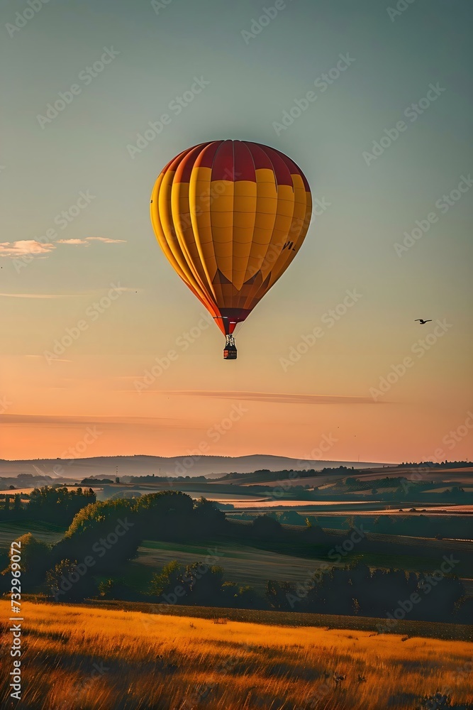a yellow and red hot air balloon flying over a field